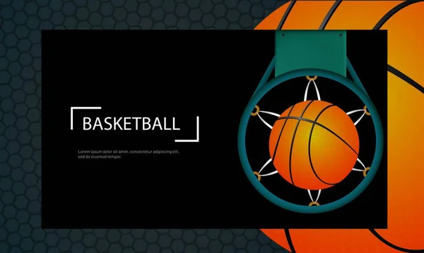 篮球比赛响应模板或具有篮球网篮球进球空中视图的网站横幅设计 — 图库矢量图片