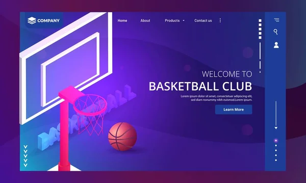 Bienvenue Conception Page Atterrissage Club Basket Ball Avec Filet Basket — Image vectorielle