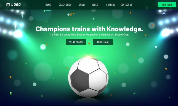 Soccer Champions Trains Knowledge Game App Responsive Template Design Closeup — Stock Vector