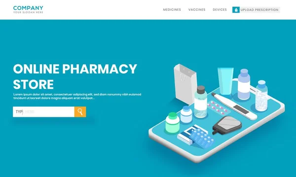 Online Apotheke Landing Page Design Mit Medizinischen Geräten Medizin Auf — Stockvektor