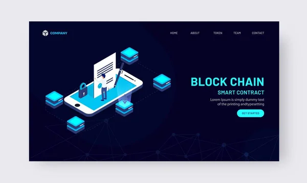 Diseño Landing Page Basado Concepto Contrato Inteligente Blockchain Color Azul — Vector de stock