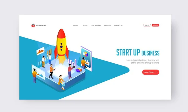 Business Start Concept Based Landing Page Design Com Ilustração Pessoas — Vetor de Stock