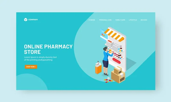 Landing Page Hero Banner Design Online Pharmacy Store Isometric Smartphone — Stockový vektor
