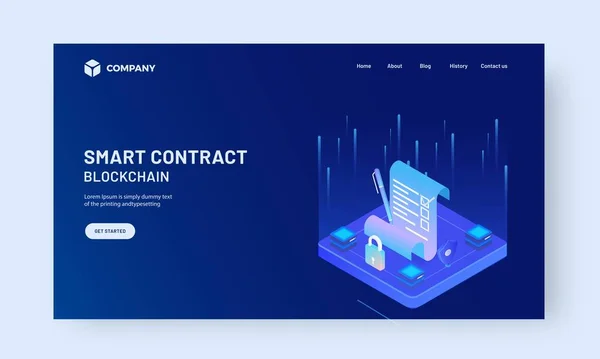 Blockchain Digital Smart Contract Based Landing Page Design Μπλε Χρώμα — Διανυσματικό Αρχείο