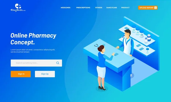 Página Desembarque Farmácia Online Imagem Herói Cor Azul Vista Isométrica — Vetor de Stock