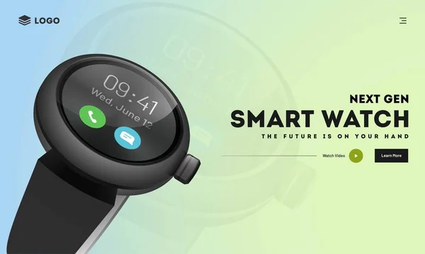 Pagina Destinazione Immagine Eroe Con Realistico Smart Watch Illustrazione — Vettoriale Stock