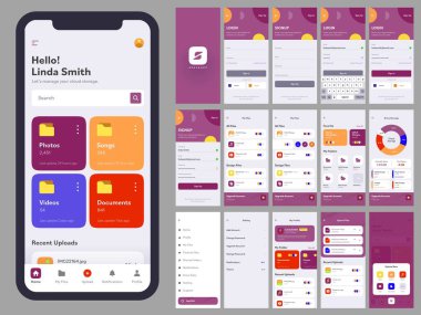 Mobil Uygulama ve Yanıt Web Sitesi için farklı UI, UX, Arayüz Ekranları Giriş, Kayıt Oluştur, Hesap Oluştur, Tüm Dosyalar, Profil, Sürücü Depolama ve Ayarlama dahil.