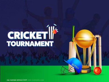 Cricket Tournament Poster Tasarımı 3D Altın Kazanan Kupa, Cricket Equipments on Green and Blue Silhouette Hayranları Tezahürat Arkaplanı.