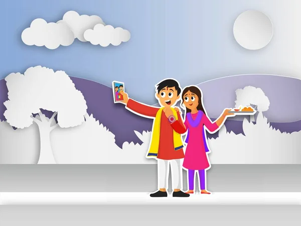 Χαρούμενος Αδελφός Και Αδελφή Λαμβάνοντας Selfie Μετά Τον Εορτασμό Raksha — Διανυσματικό Αρχείο