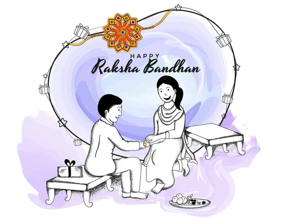 Happy Raksha Bandhan Celebration Concept Doodle Style Illustration Sister Tying — Image vectorielle