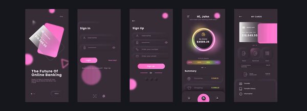 The Future of Online Banking Mobile App UI Kit Including as Login, Sign Up, Cards Details for Responsive Website.
