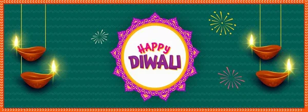 Happy Diwali Celebration Banner Header Design Con Lámparas Aceite Iluminadas — Vector de stock