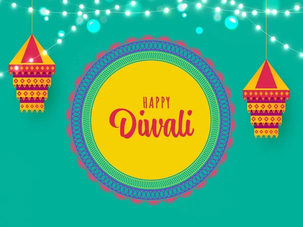 Glad Diwali Gratulationskort Med Hängande Lyktor Kandeel Och Belysning Garland — Stock vektor