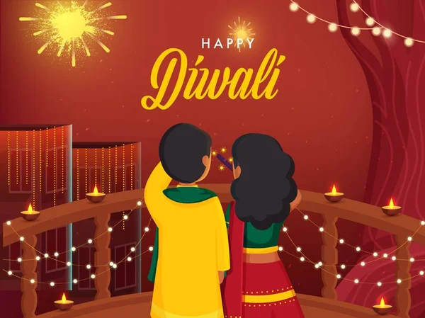 Vista Traseira Crianças Indianas Comemorando Diwali Com Fogos Artifício Varanda — Vetor de Stock