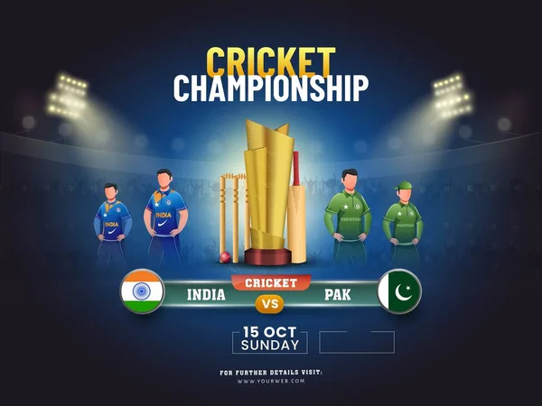 Conceito do campeonato de críquete t20 índia vs nova zelândia jogo  cabeçalho ou banner com bola de críquete, bastão e troféu vencedor no fundo  do estádio.