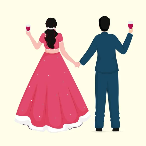 印度新婚夫妇手牵手站着喝酒的后视镜 — 图库矢量图片