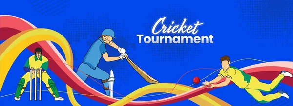 Kriket Turnuvası Bayrağı Başlık Tasarımı Kriket Oyuncularının Mavi Yarıtonda Oynadıkları — Stok Vektör