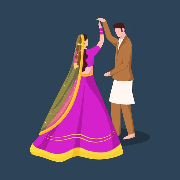 Ινδικό Νεόνυμφο Ζευγάρι Που Εκτελεί Χορό Για Sangeet Τελετή Δεξίωση — Διανυσματικό Αρχείο