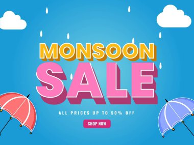 İki Şemsiyeli Muson Satış Posteri Tasarımı, Bulutlar, Mavi Arkaplanda Yağmur Damlaları.