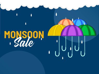 Renkli Şemsiyeli Muson Satış Posteri Tasarımı ve Mavi Arkaplanda Yağmurlu Bulutlar.
