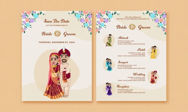 Indian Wedding Invitation Card Template Bride Groom Character Traditional Attire — Stock Vector