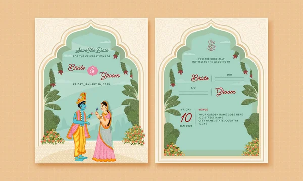 Indian Wedding Invitation Card Beautiful Couple Character Lord Krishna Radha — Stock Vector