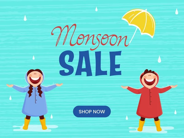 モンスーンセール 雨季を楽しむ陽気な子供のキャラクターとポスターデザイン ターコイズ背景の傘 — ストックベクタ