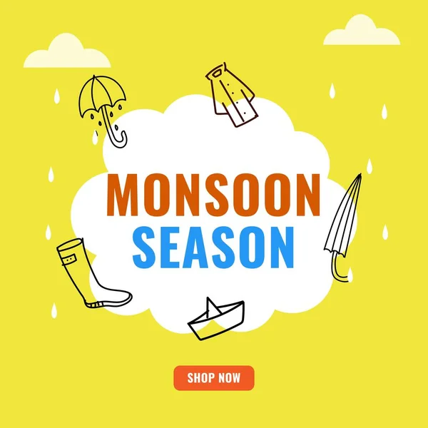 Mousson Saison Vente Poster Design Avec Ligne Art Parapluie Imperméable — Image vectorielle