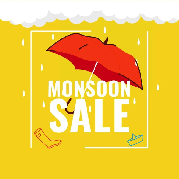 モンスーンセール 黄色い背景に赤い傘と雨雲でポスターデザイン — ストックベクタ