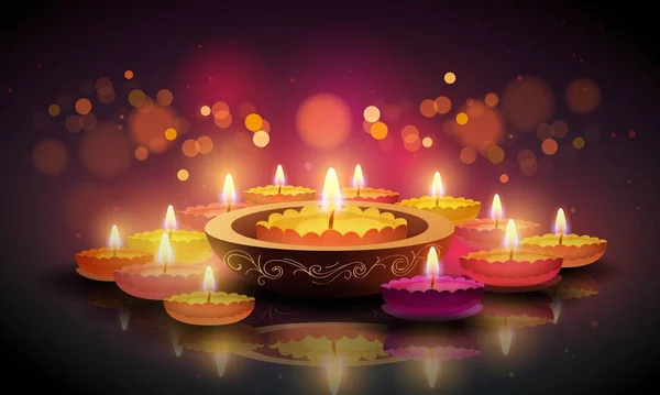 Diwali Ünnepi Háttér Megvilágított Olajlámpák Diya — Stock Vector