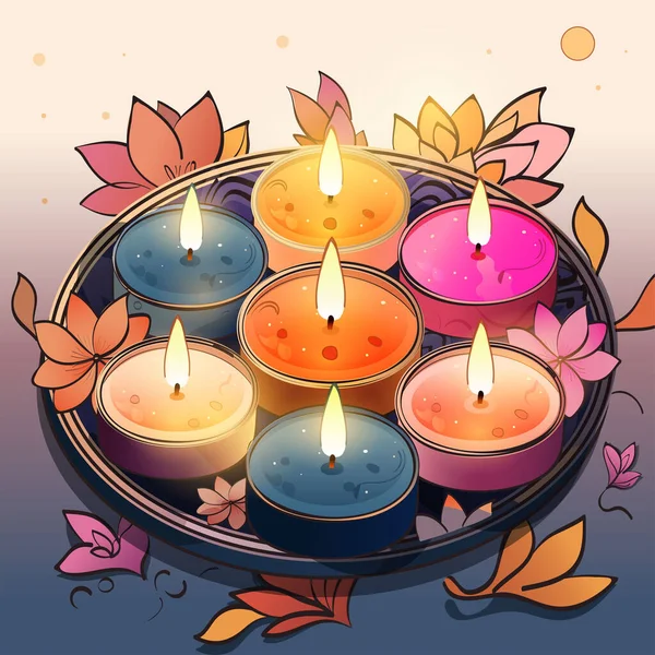 迪瓦里庆祝会期间 茶壶及花盘上装饰家居的灯火通明 — 图库矢量图片
