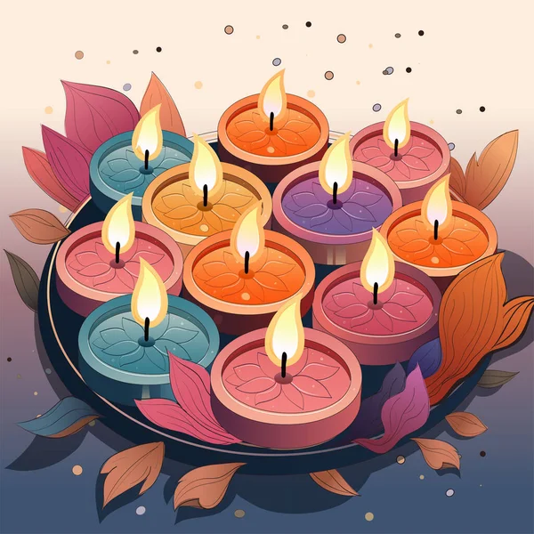 Multicolor Illuminated Tea Candles Plate Decorated Leaves Home Decoration Diwali — Stock Vector