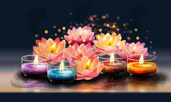 Schöne Beleuchtete Blumen Und Teelichter Kerzen Auf Bokeh Hintergrund Dekoriert — Stockvektor