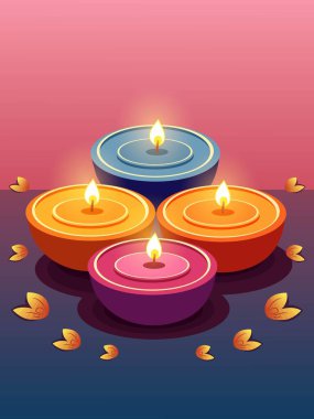 Güzel Altın Yapraklar Rangoli Arkaplanı Üzerine Çok Renkli Işıklı Yağ Lambaları (Diya). Diwali Kutlama Kartı veya Şablon Tasarımı.
