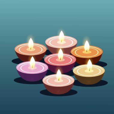 Teal Arkaplanı 'nda Çeşitli Renk Işığı Lambaları (Diya) Dekoru. Diwali Tebrik Kartı veya Poster Tasarımı.