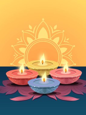 Mandala Çiçekli Rangoli Dekor Arkaplanı Üzerine Çok Renkli Işıklı Yağ Lambaları (Diya). Hint Festivali Diwali Kutlama Kartı veya Şablonu.