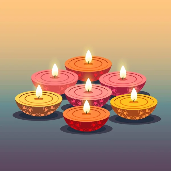Várias Lit Lit Lâmpadas Óleo Diya Fundo Decorado Cartão Diwali — Vetor de Stock