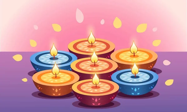 Pembe Arkaplanda Renkli Işıklı Lambalar Diya Dekoru Diwali Kutlama Kartı — Stok Vektör