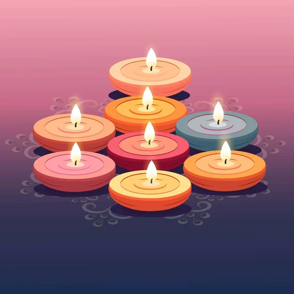 Diverses Lampes Huile Lumineuses Couleur Diya Sur Beaux Rangoli Floraux — Image vectorielle