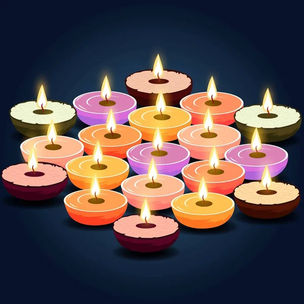 Verschiedene Farben Lit Öllampen Diya Dekor Auf Dunklem Hintergrund Diwali — Stockvektor