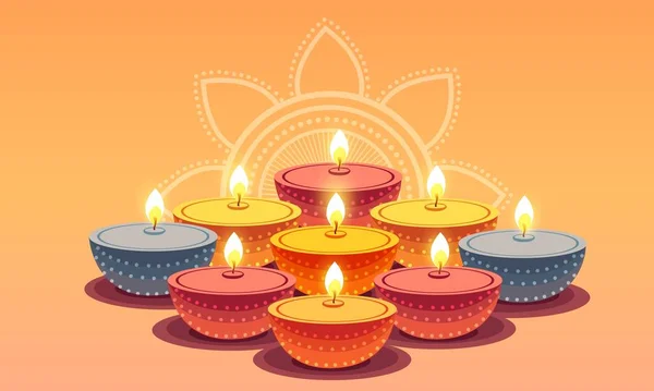 多色发亮油灯 Diya 在美丽的黄色曼达拉花兰格丽背景上的应用 Diwali庆祝卡或海报设计 — 图库矢量图片