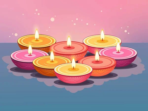Multi Color Illuminated Oil Lamps Diya Pink Blue Background Diwali — Stock Vector