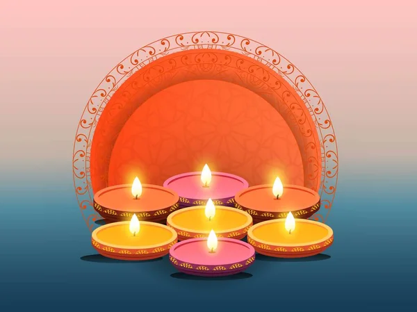 Multi Color Illuminated Oil Lamps Diya Gyönyörű Mandala Virágos Keret — Stock Vector