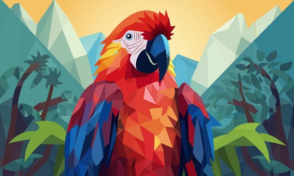 Дивовижні Барвисті Геометричні Форми Червоний Папуга Макаве Зеленому Лісі Горі — стоковий вектор
