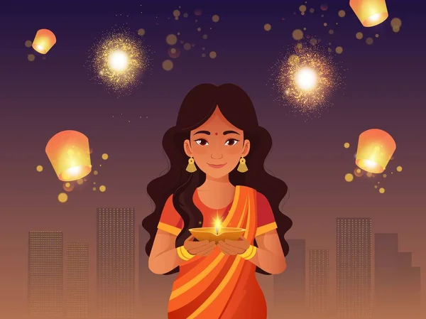 Joyeux Diwali Célébration Poster Carte Design Avec Belle Femme Indienne — Image vectorielle