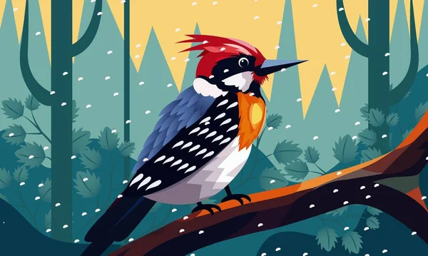 Oiseau Tête Rouge Assis Sur Une Branche Automne Glacial Forêt — Image vectorielle