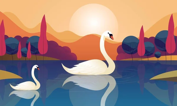 美丽的两只天鹅在日出或日落时的湖中飘扬 — 图库矢量图片