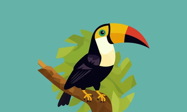 Ein Netter Tukan Vogel Charakter Sitzt Auf Grünem Ast Türkisfarbenen — Stockvektor