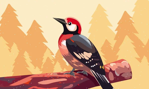 Isolé Red Head Bird Caractère Assis Sur Branche Dans Forêt — Image vectorielle