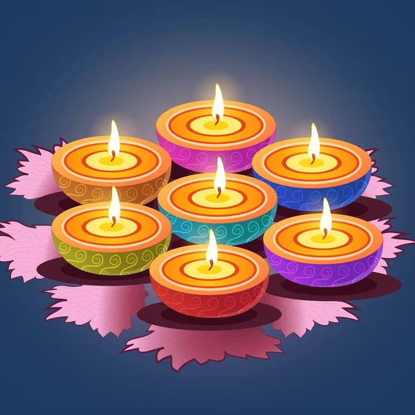 Multicolor Lit Diyali Olejová Lampa Rangoli Modrém Pozadí Diwali Blahopřání — Stockový vektor